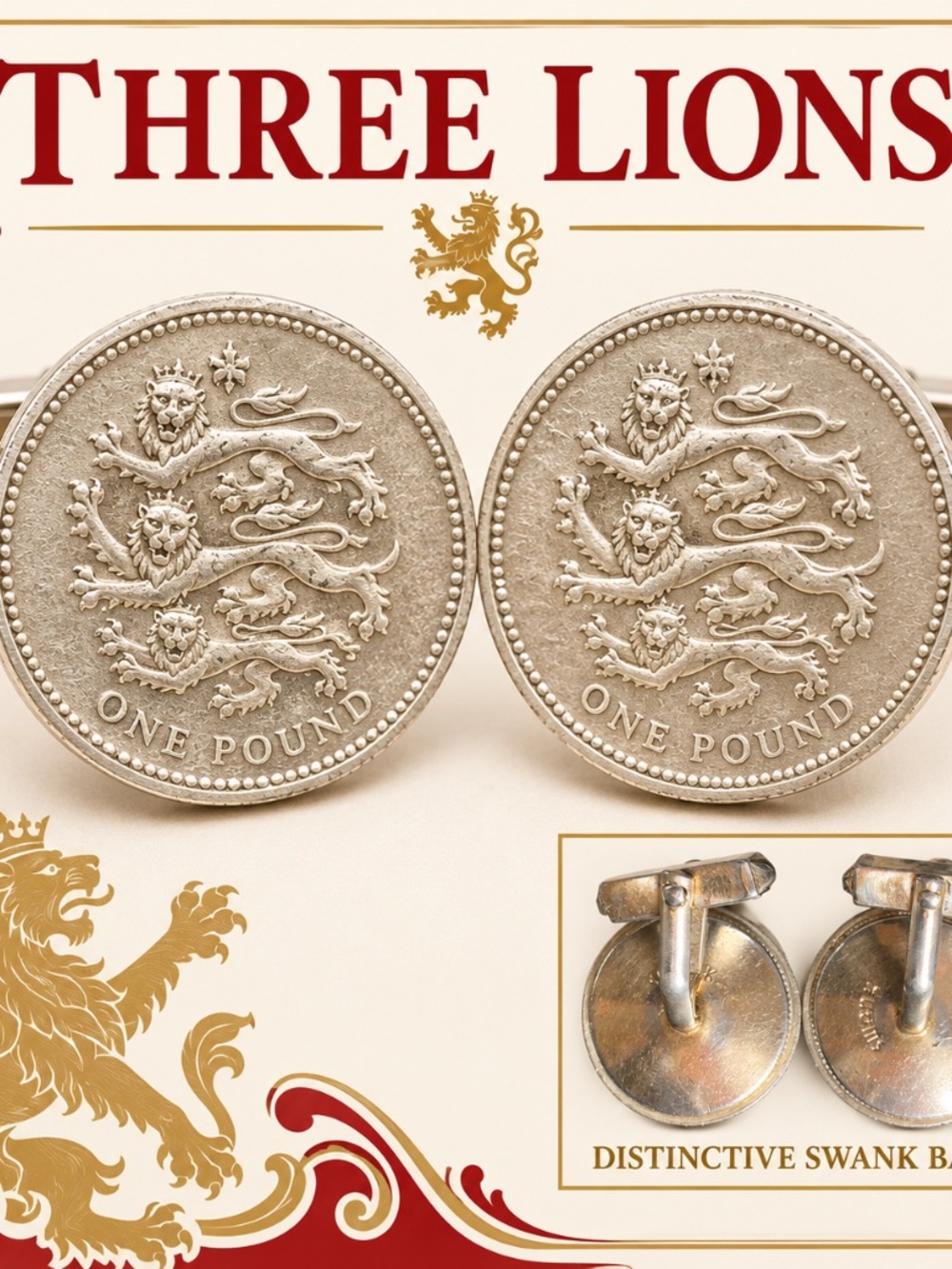 England Three Lions British £1 Coin Cufflinks – Swank Mid Century Backs.